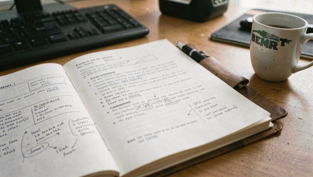 Un classeur ouvert sur un document imprimé et annoté, posé à côté d’un clavier et d’une tasse sur un bureau