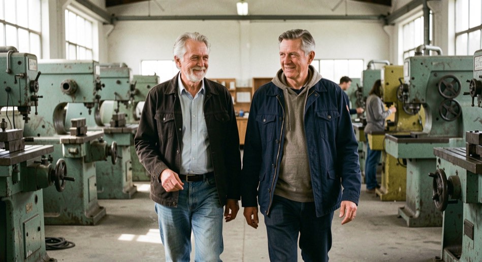 Deux dirigeants de générations différentes marchent côte à côte dans un atelier, entre les machines à l’arrêt