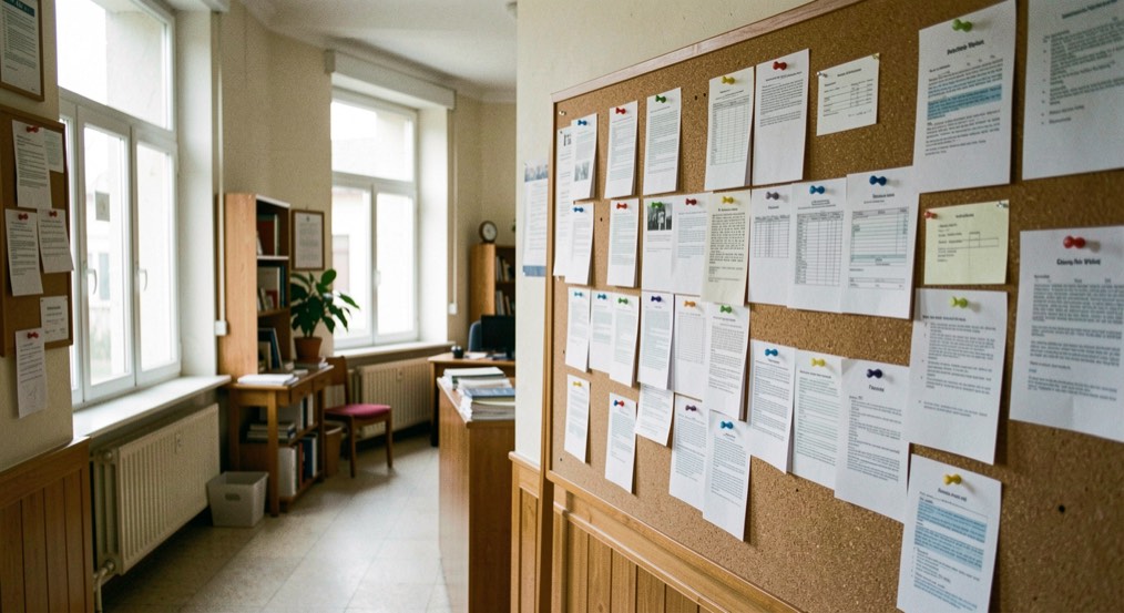 Le hall d’une mairie avec un panneau d’affichage couvert de fiches de poste imprimées et punaisées