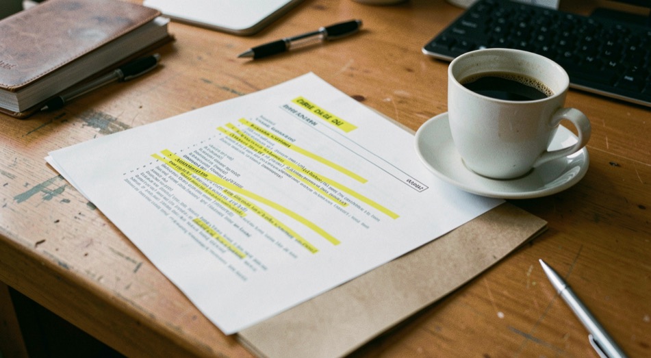 Un ordre du jour imprimé aux passages surlignés en jaune, posé près d’une tasse de café sur une table de travail