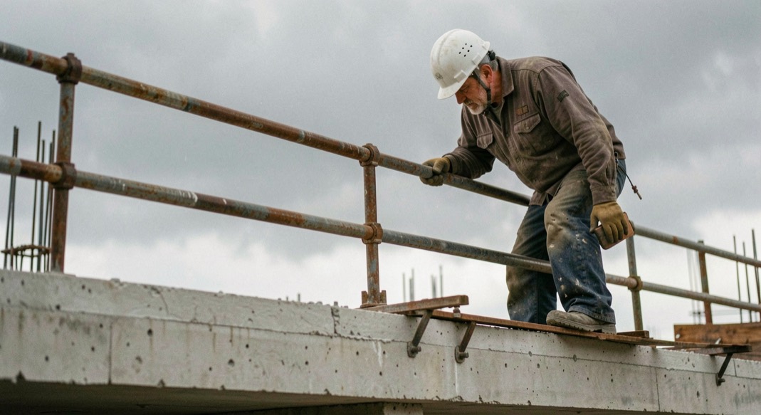 Un ouvrier casqué vérifie la fixation d’un garde corps sur une dalle en cours de construction, ciel gris au dessus