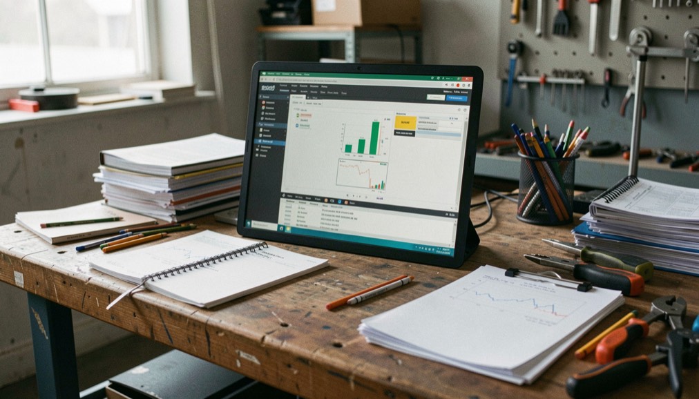 Un écran de suivi de production posé sur un plan de travail d’atelier encombré de fiches et de crayons