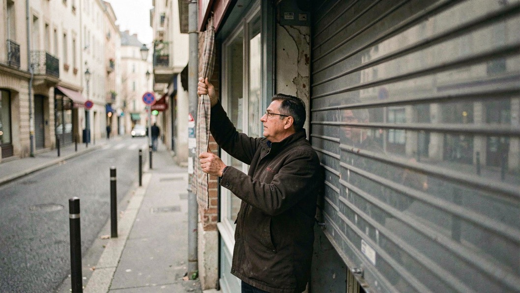 Un commerçant relève le rideau de fer de sa boutique au petit matin, la rue encore vide derrière lui