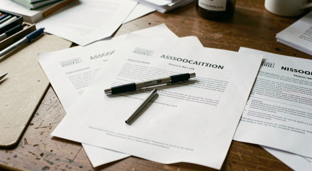 Des statuts d’association imprimés étalés sur une table de travail, un stylo posé en travers de la première page