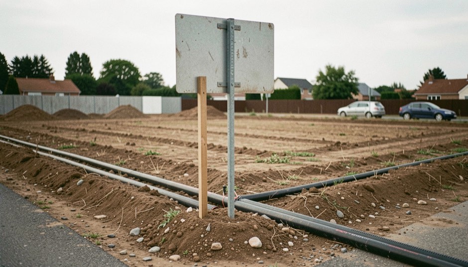 Un terrain viabilisé en attente de construction, regards de réseaux affleurants et panneau de lotissement planté à l’angle